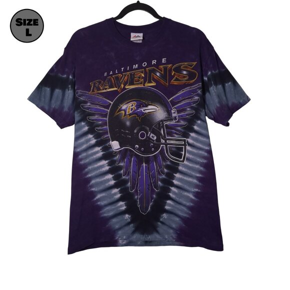 Baltimore Ravens Helmet USED Shirt (L, Purple Tie-Dye, Football, Majestic) - Picture 1 of 8